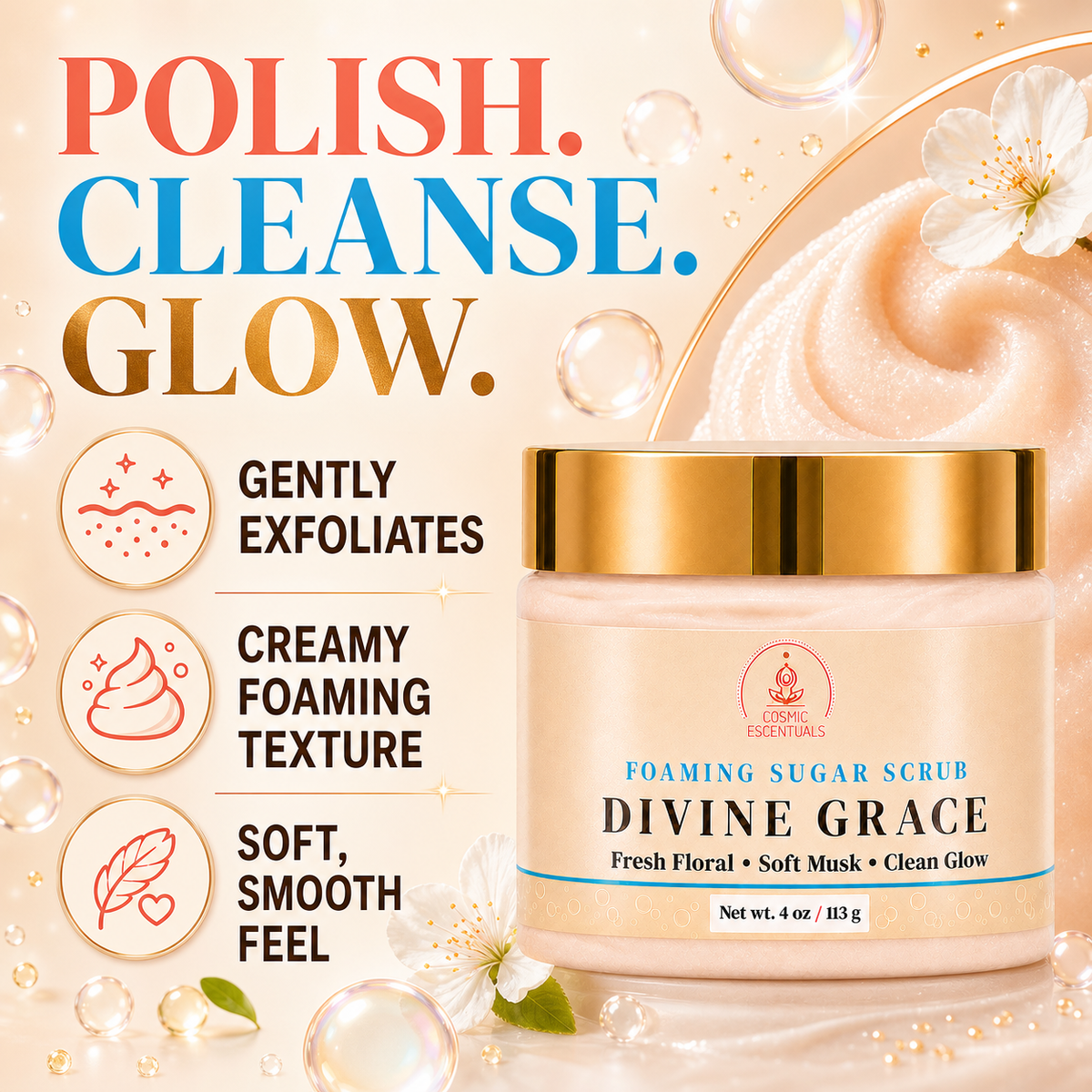 A jar of Divine Grace Foaming Sugar Scrub by Luxe Essentials, set against a warm beige background with decorative bubbles, a swirl of scrub, and white flowers. The ad includes the text 'POLISH.