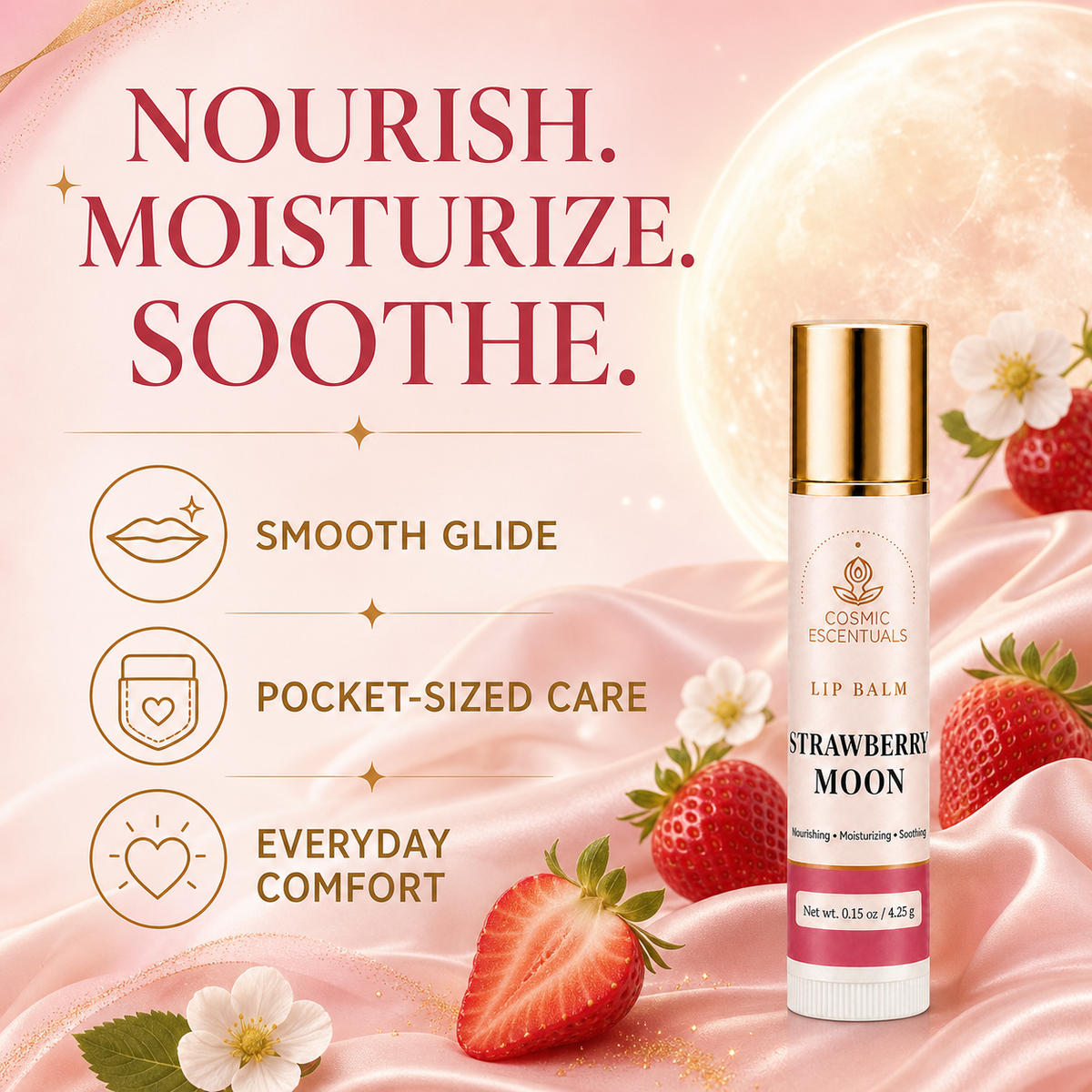 Cosmic Escentuals Strawberry Moon Lip Balm shown on a pink promotional background with strawberries, satin fabric, and large text highlighting smooth glide, pocket-sized care, and everyday comfort.