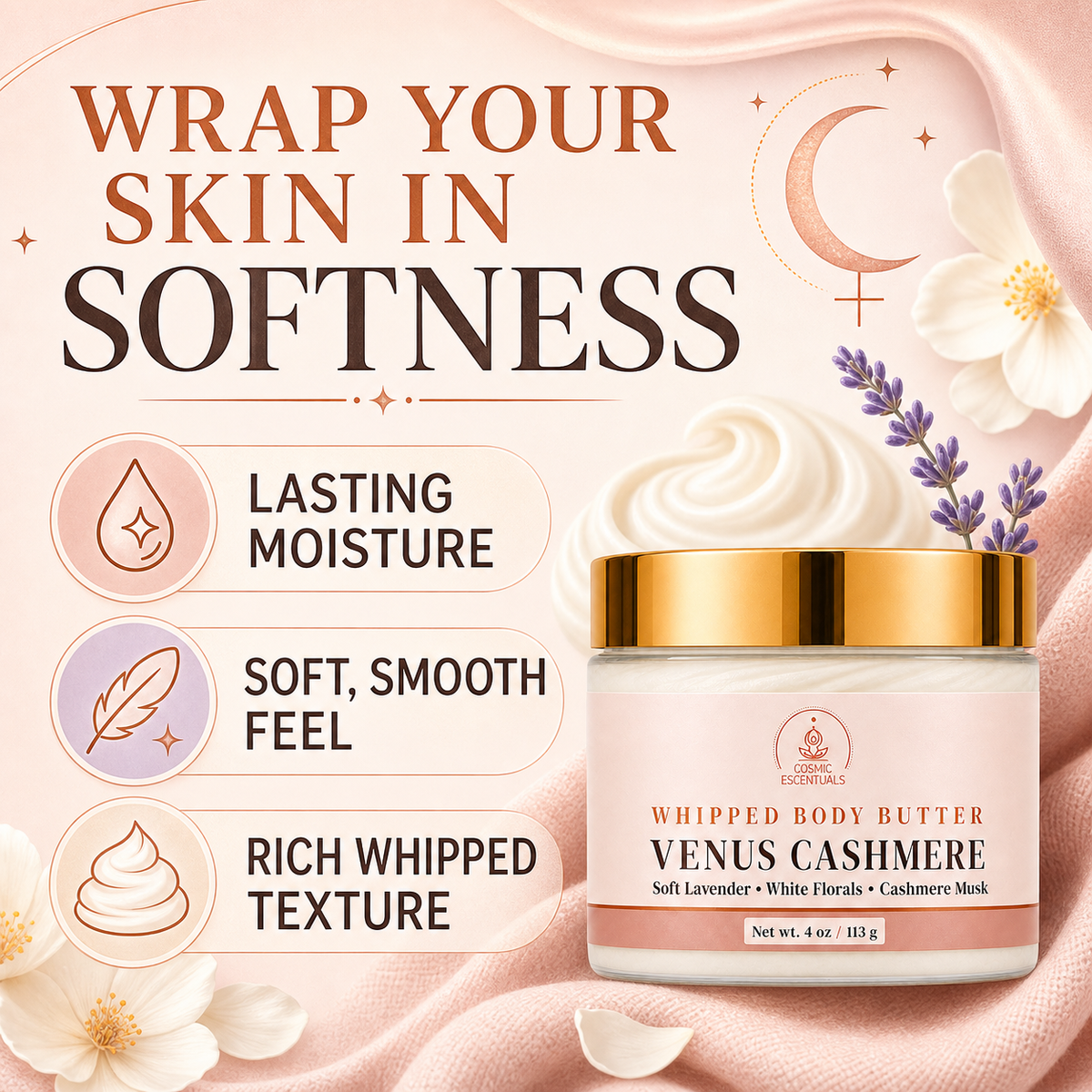 Venus Cashmere whipped body butter jar with a gold lid and pink label, set against a soft pink background with decorative text, flowers, and lavender sprigs.