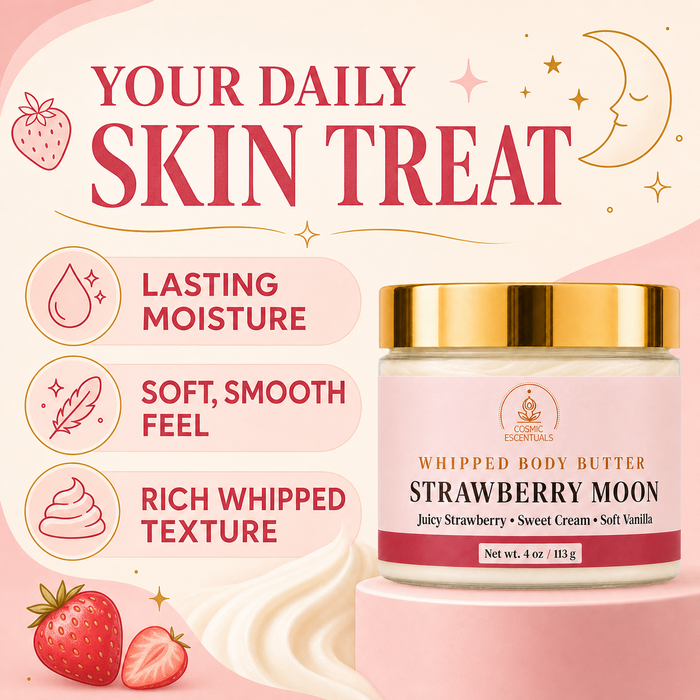 A jar of Strawberry Moon whipped body butter by Cosmic Escentuals sits on a pink pedestal with promotional text and strawberry graphics. The product has a light pink label and a shiny gold lid, set against a soft pink background with decorative stars and moon illustrations.