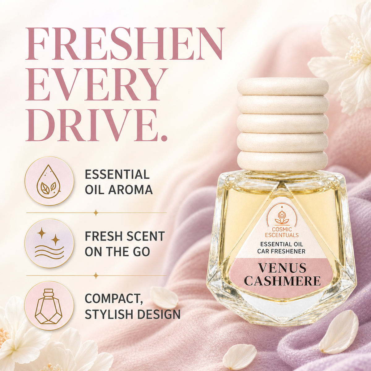 Venus Cashmere essential oil car freshener bottle with a cream-colored stacked cap, set against a soft pink and white floral background with promotional text.