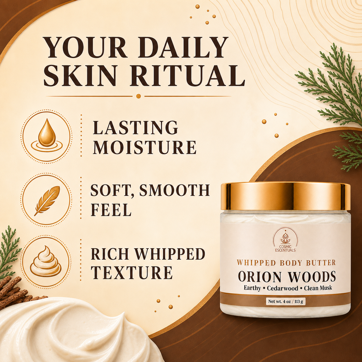 A jar of Whipped Body Butter in Orion Woods mask by The Gilded Jar, shown on a styled beige and brown graphic background with text highlighting moisturizing, smooth, and whipped texture benefits.