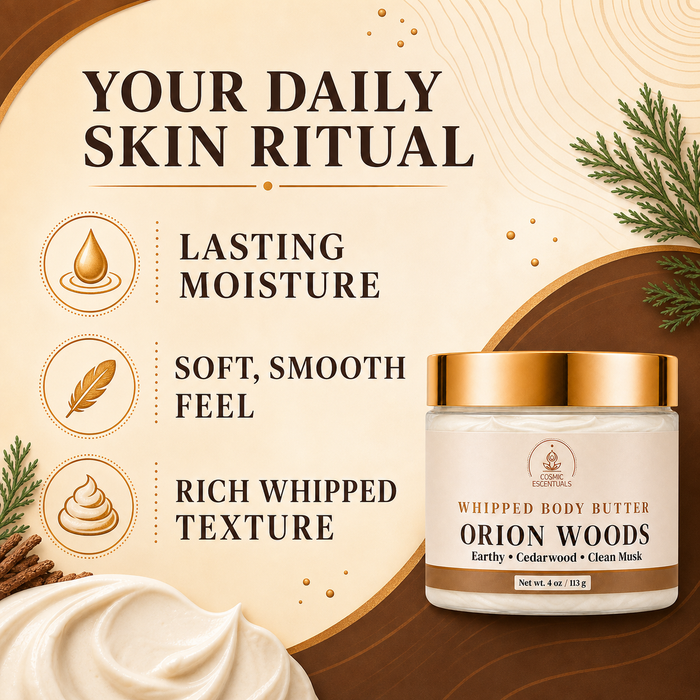 A jar of Whipped Body Butter in Orion Woods by Cosmic Escentuals, shown on a styled beige and brown graphic background with text highlighting moisturizing, smooth, and whipped texture benefits.