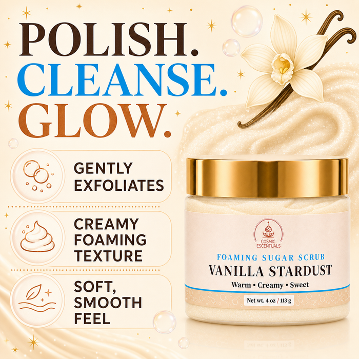 Benefits graphic for Vanilla Stardust Foaming Sugar Scrub with a vanilla orchid and pods, reading Polish. Cleanse. Glow, beside three points: gently exfoliates, creamy foaming texture, soft smooth feel.