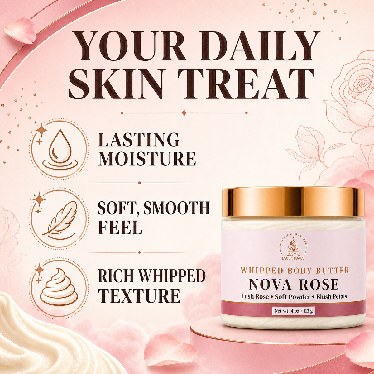 A cosmetic jar labeled 'Whipped Body Butter Nova Rose' on a pink promotional graphic with text calling it a daily skin treat, plus icons for lasting moisture, soft smooth feel, and rich whipped texture.