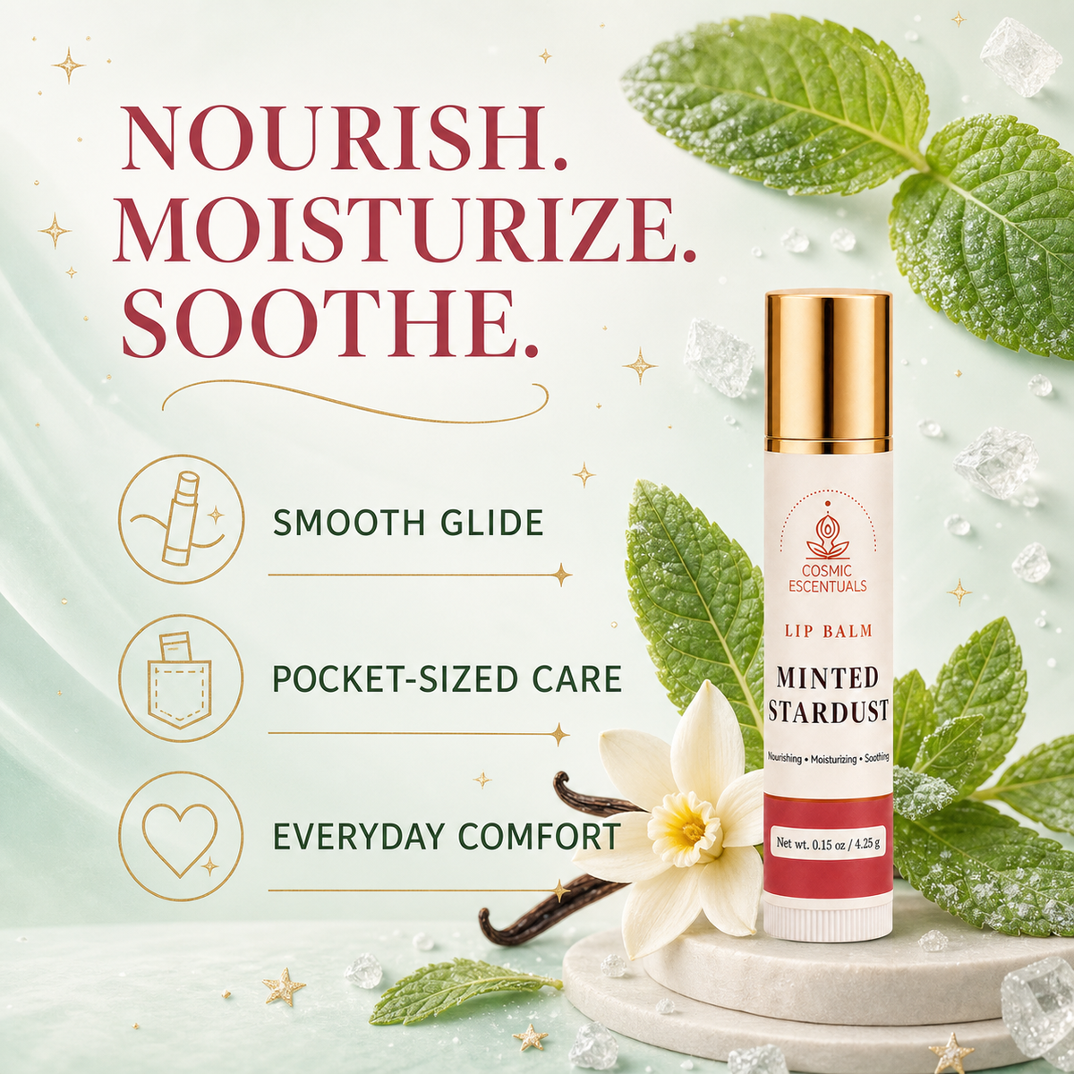 Benefits graphic for Minted Stardust Lip Balm reading Nourish. Moisturize. Soothe, with the tube among fresh mint and vanilla, beside three points: smooth glide, pocket-sized care, everyday comfort.