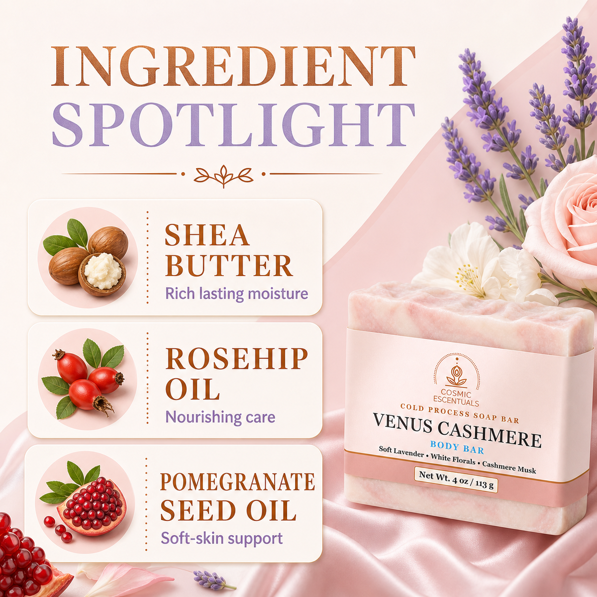 Ingredient spotlight graphic for a body bar, showing a pink and white Venus Cashmere body bar labeled 'Cold Fragrance Bar' with shea butter, rosehip oil, and pomegranate seed oil benefits listed on the left, alongside lavender, roses, and pomegranate imagery on a soft pink background.
