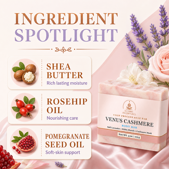 Venus Cashmere body bar ingredient graphic highlighting shea butter, avocado oil, and rosehip oil in a soft pink floral setting.