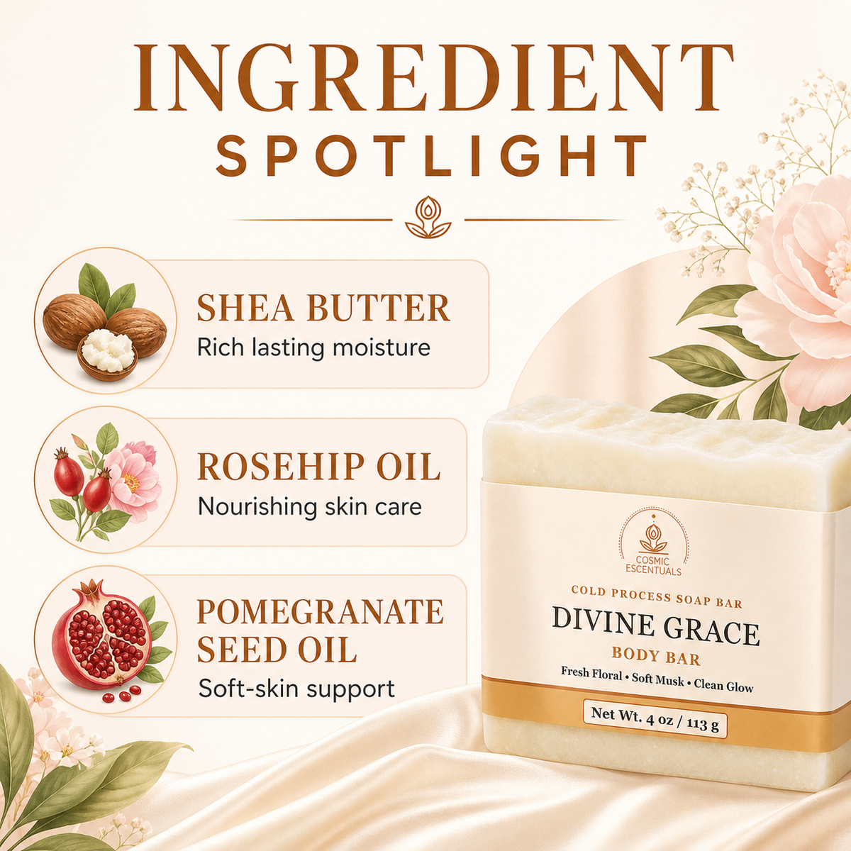 Ingredient spotlight graphic for the Divine Grace Body Bar: shea butter for rich lasting moisture, rosehip oil for nourishing skin care, pomegranate seed oil for soft-skin support.