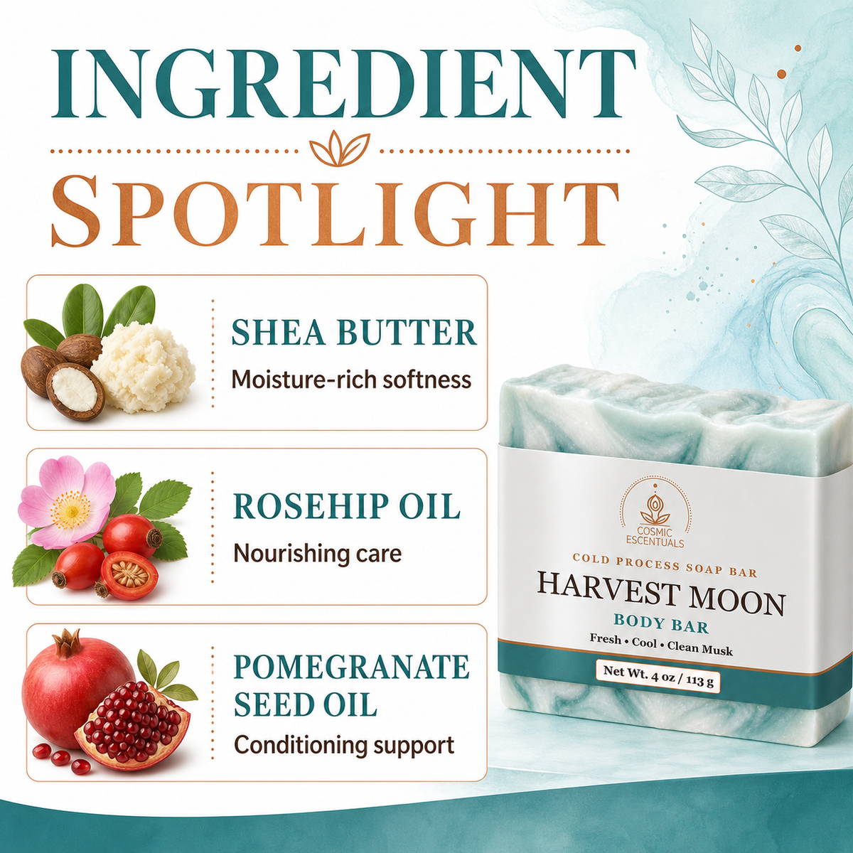 A promotional graphic for a cold-process soap bar labeled 'Harvest Moon Body Bar' with ingredient callouts for shea butter, rosehip oil, and pomegranate seed oil. The soap bar is shown on the right, and the left side contains text and ingredient illustrations on a soft teal and white background.