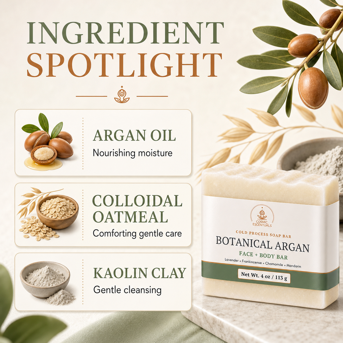 Ingredient spotlight graphic for the Botanical Argan Body Bar: argan oil for nourishing moisture, colloidal oatmeal for comforting gentle care, kaolin clay for gentle cleansing.