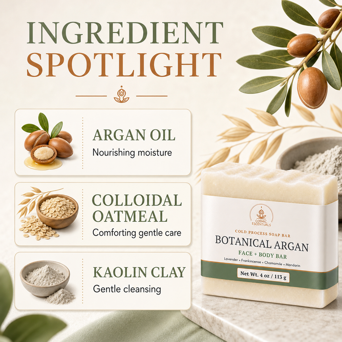 Ingredient spotlight graphic for the Botanical Argan Body Bar: argan oil for nourishing moisture, colloidal oatmeal for comforting gentle care, kaolin clay for gentle cleansing.