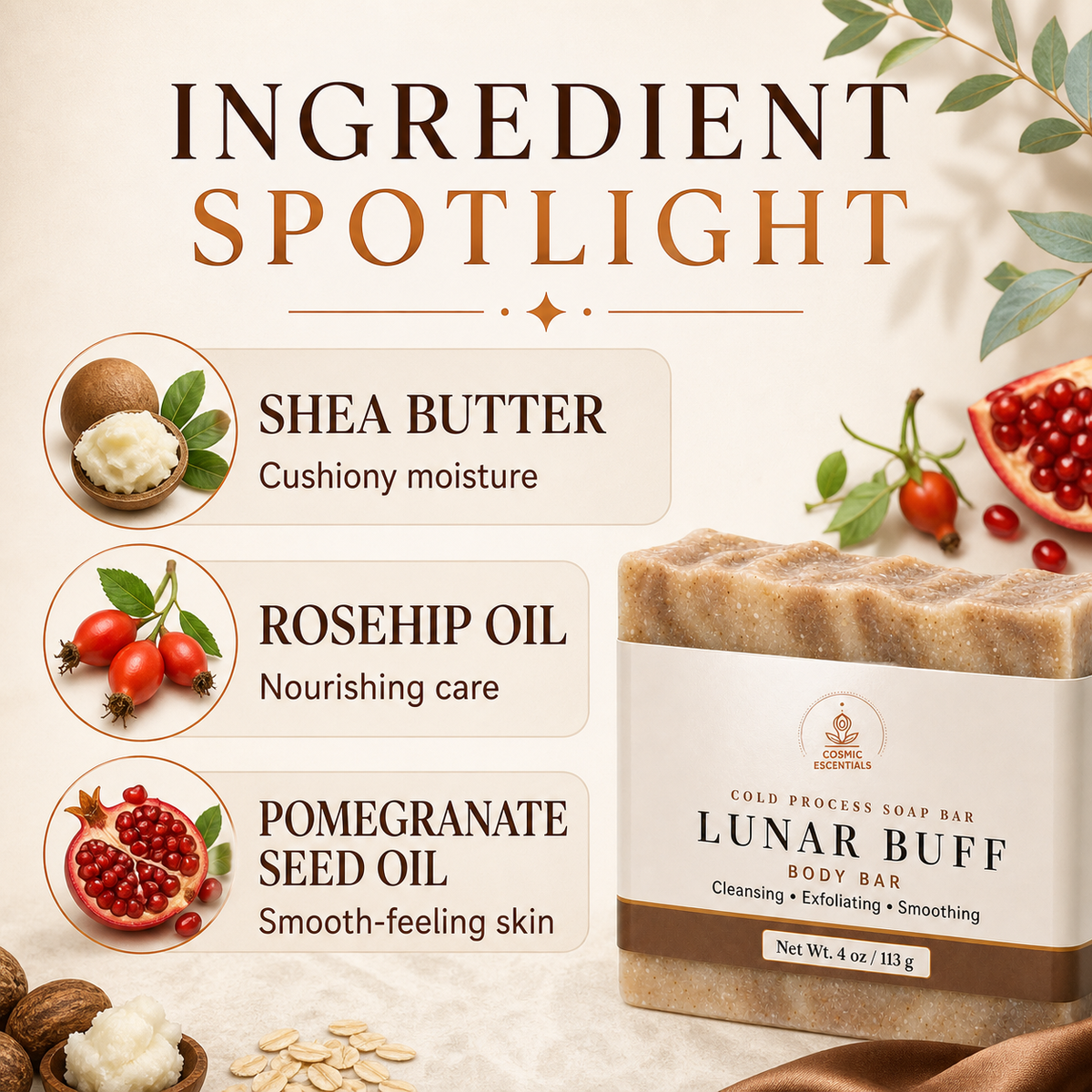 Ingredient spotlight graphic for the Lunar Buff Exfoliating Body Bar: shea butter for cushiony moisture, rosehip oil for nourishing care, pomegranate seed oil for smooth-feeling skin.