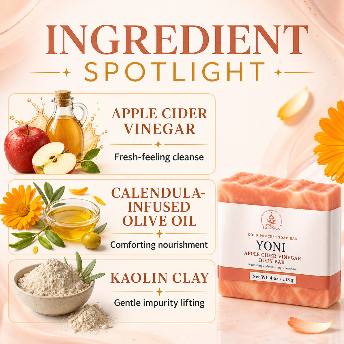 Ingredient spotlight graphic for the Yoni ACV Body Bar: apple cider vinegar for a fresh-feeling cleanse, calendula-infused olive oil for comforting nourishment, kaolin clay for gentle impurity lifting.