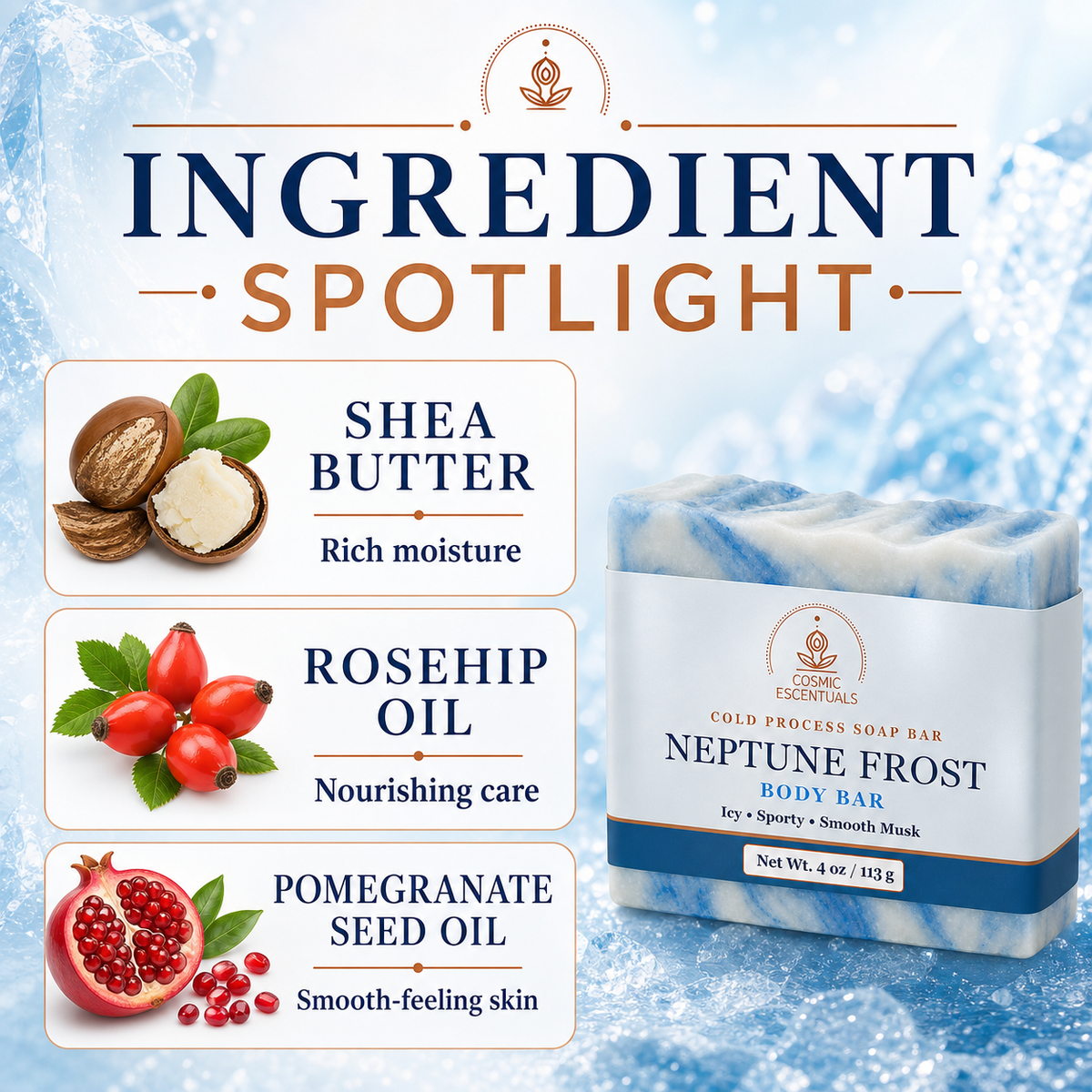 A promotional graphic for a cold-processed body bar soap. The image features a marble-patterned soap bar labeled 'Neptune Frost' on the right, alongside three ingredient callout panels on the left highlighting Shea Butter, Rosehip Oil, and Pomegranate Seed Oil.