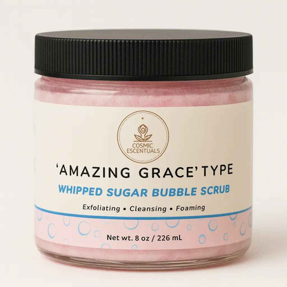 Amazing Grace whipped sugar bubble scrub in pink jar with black ribbed lid, 8 oz.