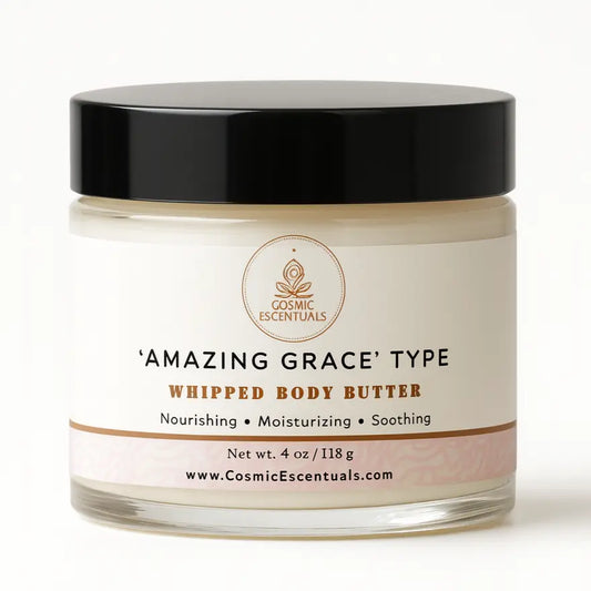 Jar of 'Amazing Grace' type whipped body butter with a black lid on a white background