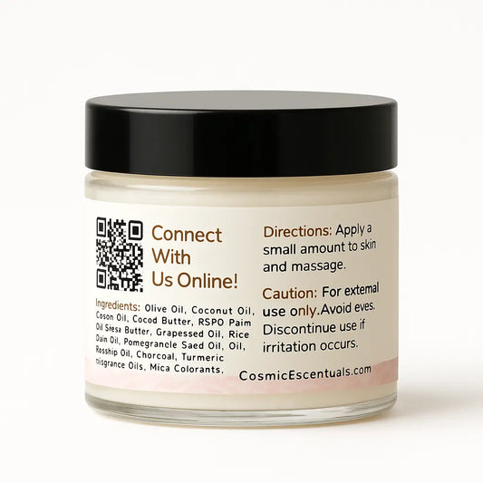 Cosmetic jar with black lid and white label on a white background
