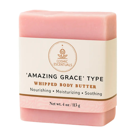 Pink whipped body butter bar with 'Cosmic Essentials' branding on a white background