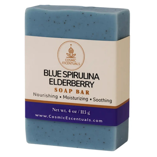 Blue spirulina elderberry soap bar with a label on a white background