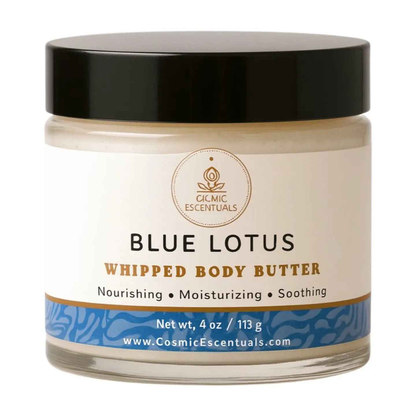 Blue Lotus whipped body butter jar, white cream formula in black lid.