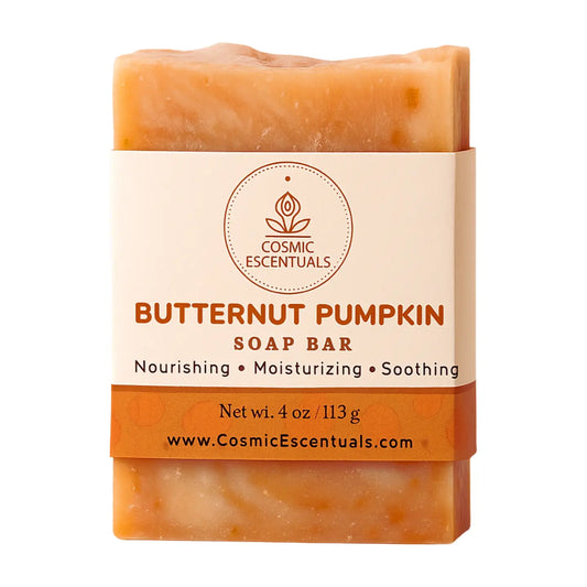 Butternut pumpkin soap bar with Cosmic Escentuals packaging on a white background