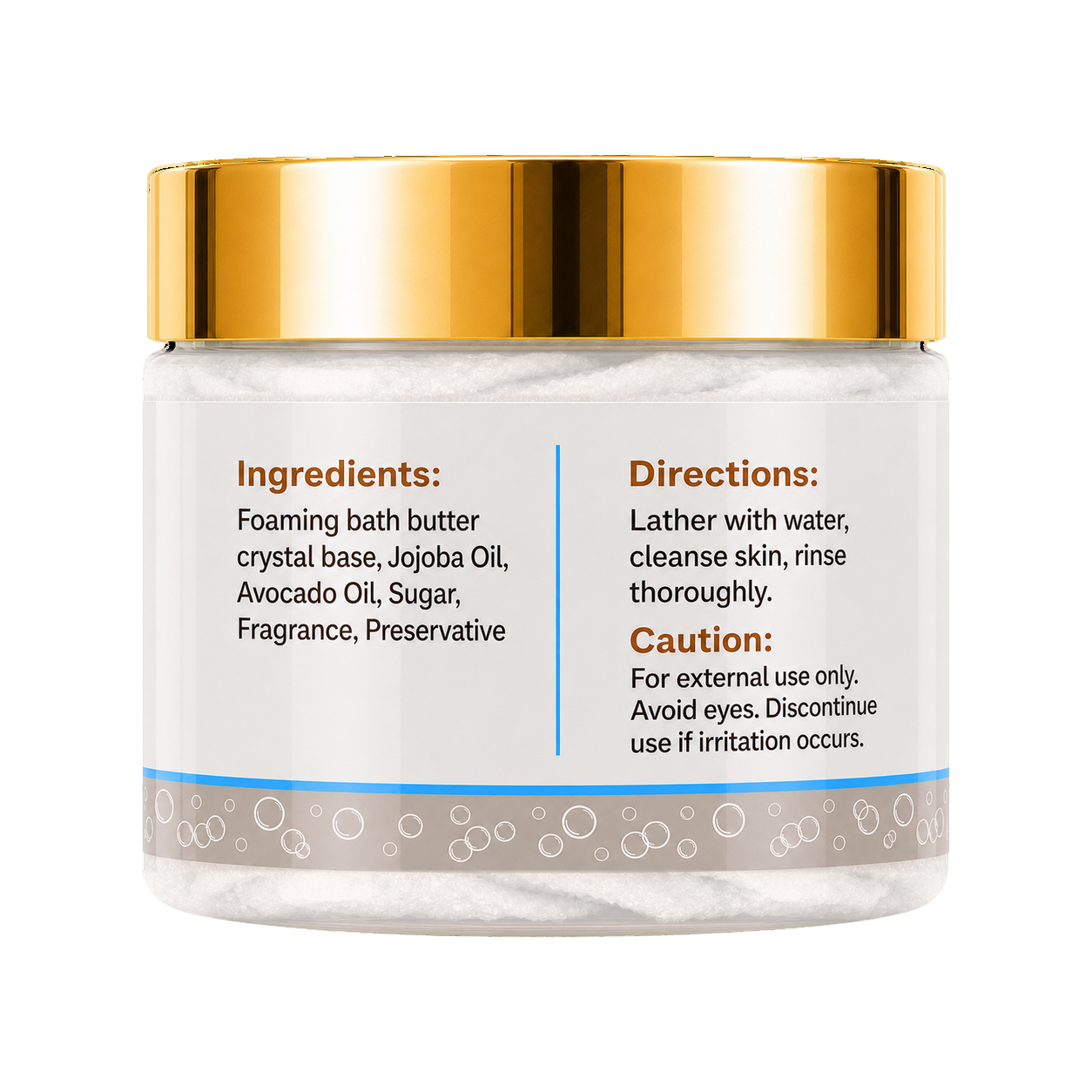 A jar of foaming bath butter with a shiny gold lid and a white label showing ingredients and directions, set against a plain white background.