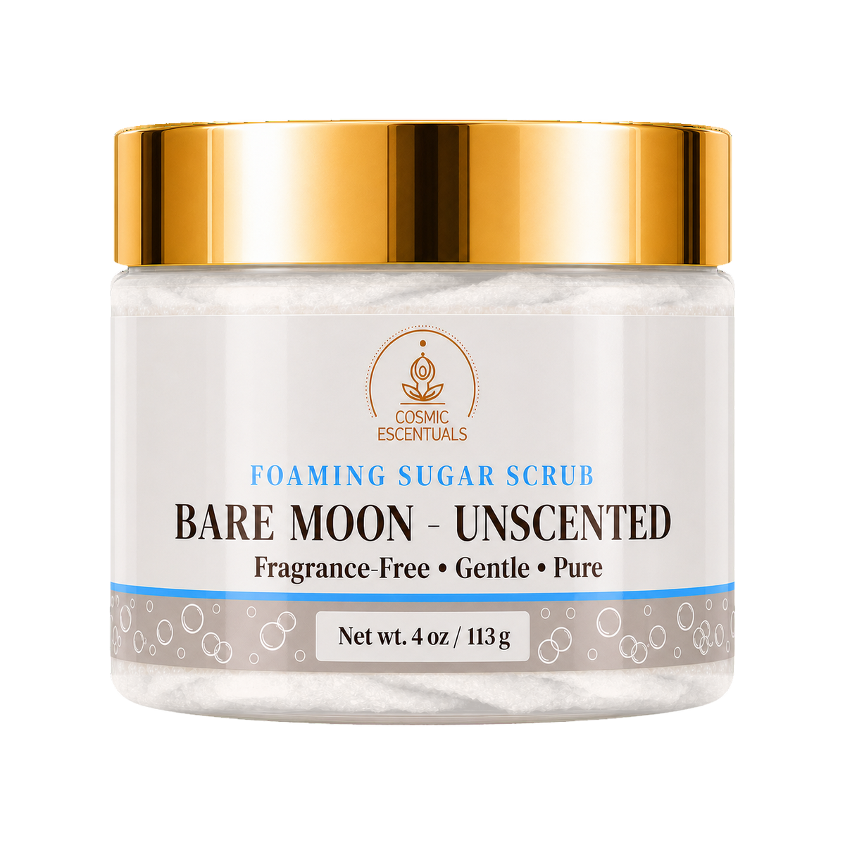 Cosmic Essentials Bare Moon Unscented Foaming Sugar Scrub in a 4 oz white jar with a shiny gold lid, shown on a solid white background.