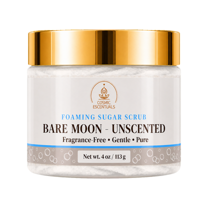 Cosmic Essentials Bare Moon Unscented Foaming Sugar Scrub in a 4 oz white jar with a shiny gold lid, shown on a solid white background.
