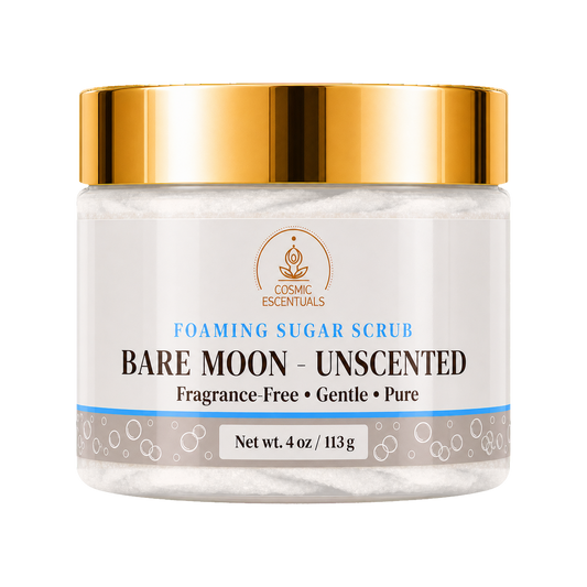 Cosmic Essentials Bare Moon Unscented Foaming Sugar Scrub in a 4 oz white jar with a shiny gold lid, shown on a solid white background.