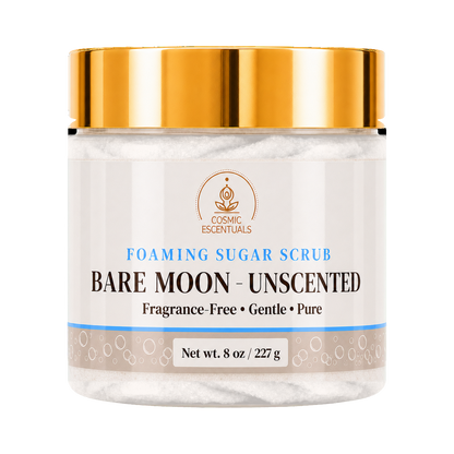 Cosmic Essentials Bare Moon Unscented Foaming Sugar Scrub in an 8 oz clear jar with a shiny gold lid and white label.