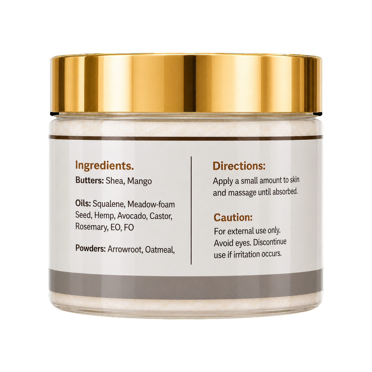 A clear cosmetic jar with a reflective gold lid and a white label showing ingredients and directions, photographed on a plain white background.