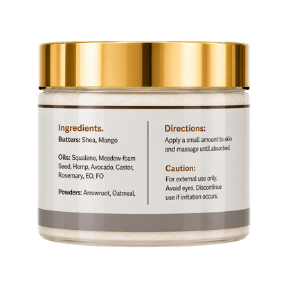 A clear cosmetic jar with a reflective gold lid and a white label showing ingredients and directions, photographed on a plain white background.