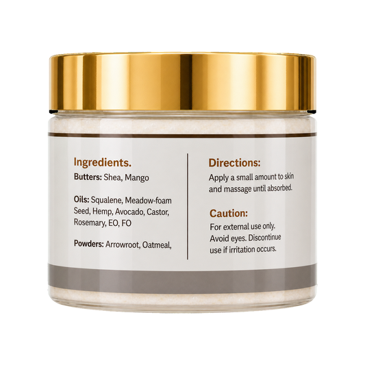 A clear cosmetic jar with a reflective gold lid and a white label showing ingredients and directions, photographed on a plain white background.