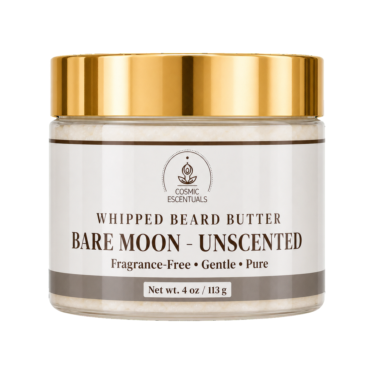 Cosmic Essentials Bare Moon Whipped Beard Butter in an unscented jar with a metallic gold lid and a white label.