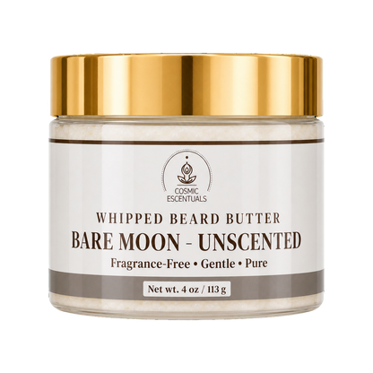 Cosmic Essentials Bare Moon Whipped Beard Butter in an unscented jar with a metallic gold lid and a white label.