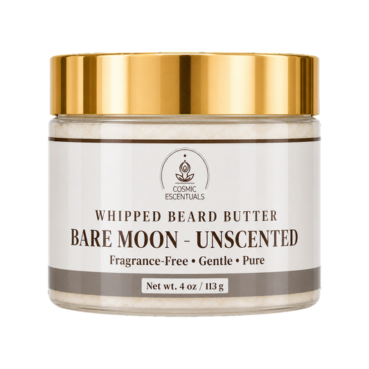 Cosmic Essentials Bare Moon Whipped Beard Butter in an unscented jar with a metallic gold lid and a white label.