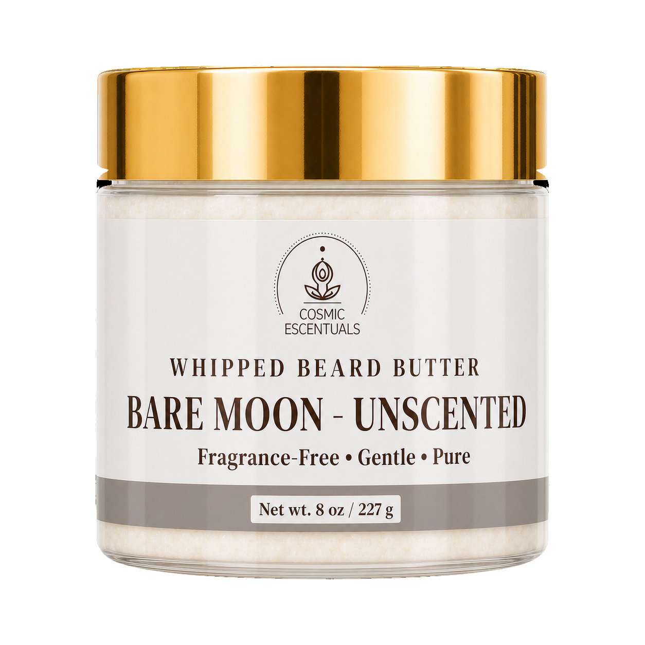 Cosmic Essentials Bare Moon - Unscented Whipped Beard Butter in an 8 oz clear jar with a shiny gold lid and a white label.