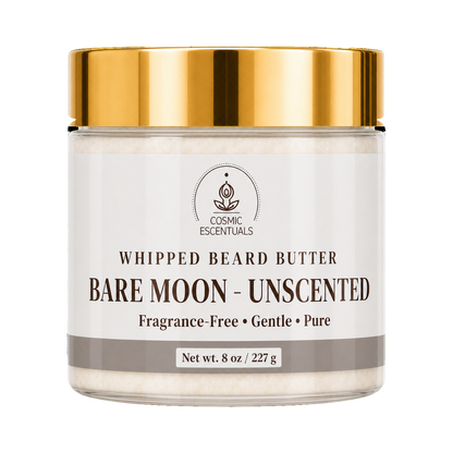 Cosmic Essentials Bare Moon - Unscented Whipped Beard Butter in an 8 oz clear jar with a shiny gold lid and a white label.