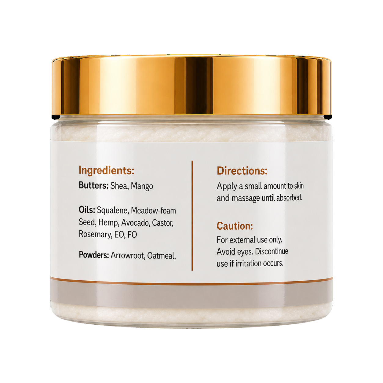 A clear cosmetic jar with a reflective metallic gold lid, showing a light beige cream inside. The white label features black text detailing ingredients, directions, and precautions.