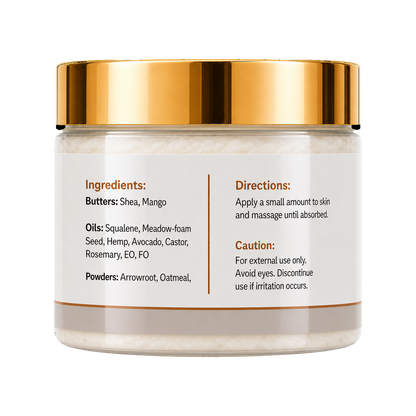 A clear cosmetic jar with a reflective metallic gold lid, showing a light beige cream inside. The white label features black text detailing ingredients, directions, and precautions.