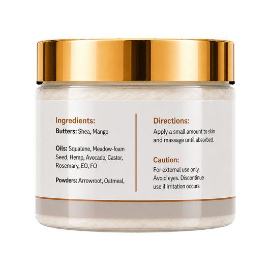 A clear cosmetic jar with a reflective metallic gold lid, showing a light beige cream inside. The white label features black text detailing ingredients, directions, and precautions.