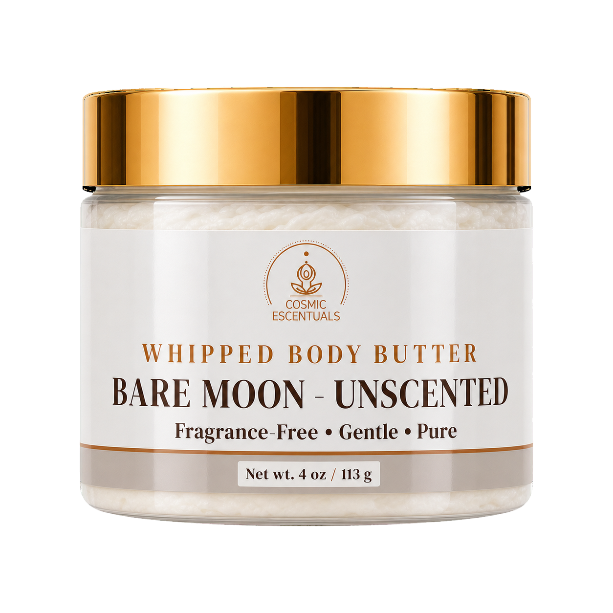 Cosmic Essentials Bare Moon Unscented Whipped Body Butter in a clear jar with a shiny gold lid and a white label, set against a plain white background.