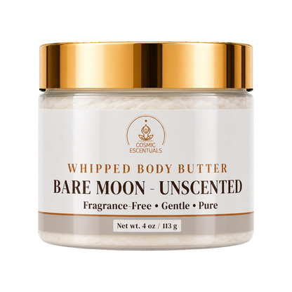 Cosmic Essentials Bare Moon Unscented Whipped Body Butter in a clear jar with a shiny gold lid and a white label, set against a plain white background.
