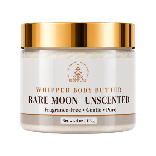 Cosmic Essentials Bare Moon Unscented Whipped Body Butter in a clear jar with a shiny gold lid and a white label, set against a plain white background.