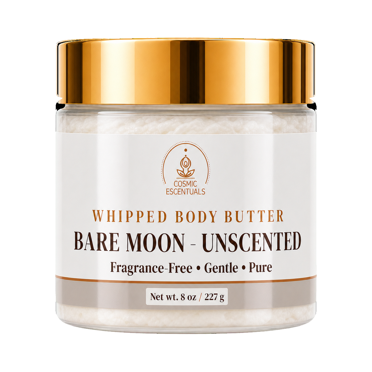 Cosmic Essentials Bare Moon Whipped Body Butter in an 8 oz clear jar with a shiny gold lid and a white label.
