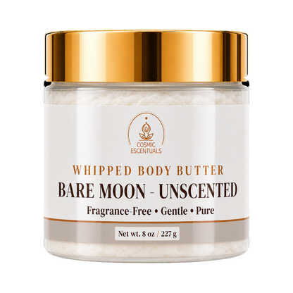 Cosmic Essentials Bare Moon Whipped Body Butter in an 8 oz clear jar with a shiny gold lid and a white label.