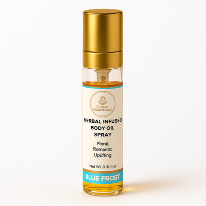 Blue Frost Herbal Body Oil Spray bottle with gold cap; floral scent label