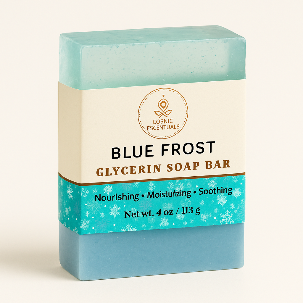 Blue Frost Glycerin Soap Bar with Cosmic Essentials branding on a beige background