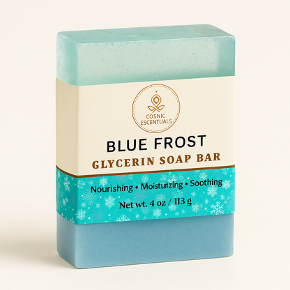 Blue Frost glycerin soap bar, blue and mint layers, Cosmic Escentuals label